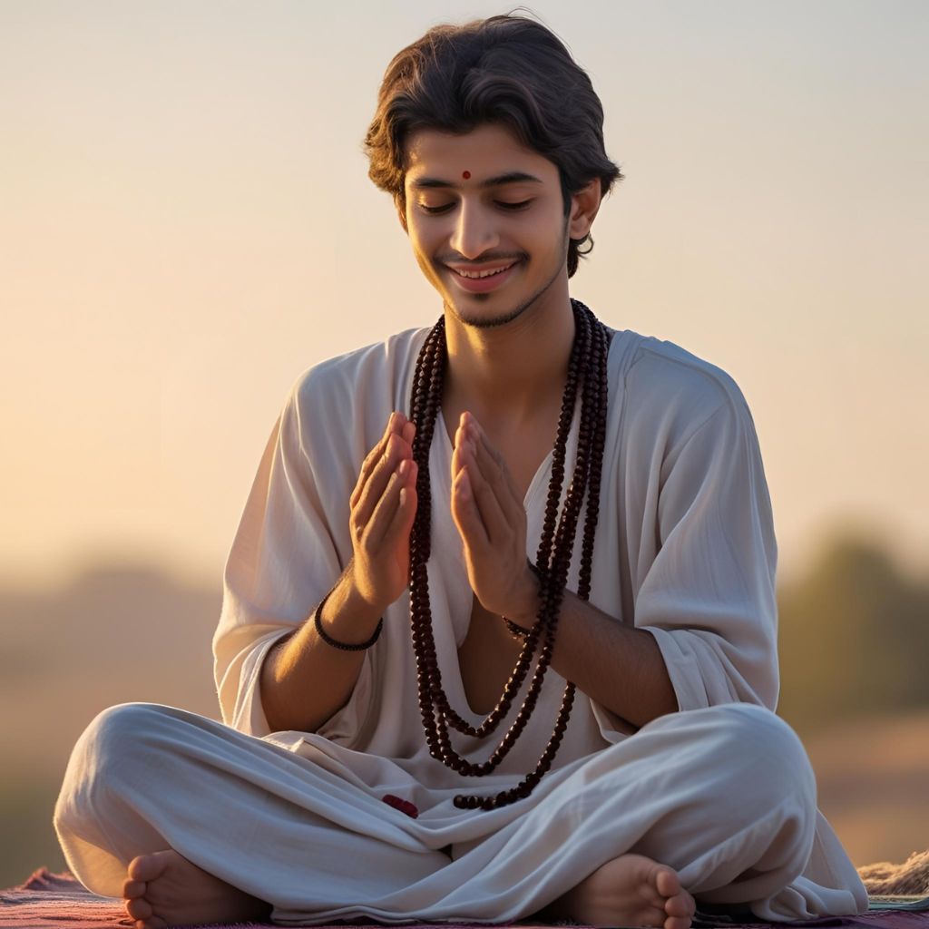 Peaceful young person practicing japa meditation as a daily Vedic ritual